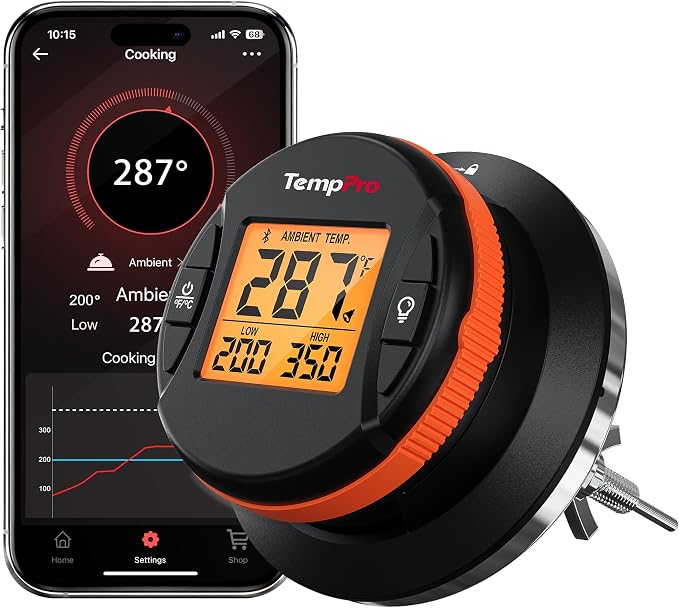 TempPro Bluetooth Grill Thermometer with LCD Display & App Alerts, 500FT Wireless Universal Temperature Gauge for Smoker, Kettle, Kamado, Pellet, Gas Grills-2 Mounting Kits Fit Most Lid Holes