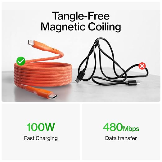 Statik MagStack Pro USB C to USB C Cable, Magnetic Type C Charger Fast Charging Cord, On The Go Magnetic Charging Cable for Car, Compatible with iPhone, iPad & Android, Orange 100W 6FT, 5 Pack