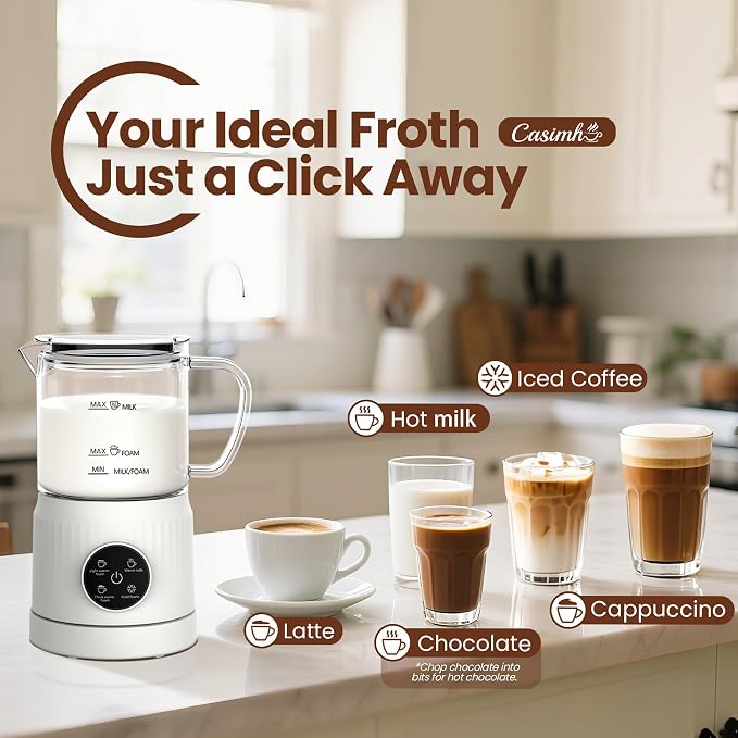 4-in-1 Electric Milk Frother and Steamer for Whole Milk, LED Touch Screen, Cold and Warm Foam Maker, Ceramic-Coated, 13.52oz for Lattes, Cappuccinos and Hot Chocolate, Auto Shut-Off, Cream White