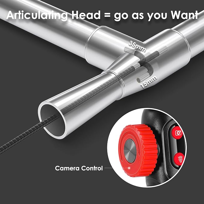 Two-Way Articulating Borescope Camera with Light,360°Rotation,1920P, 6.2 mm Industrial Endoscope IP67 Waterproof Flexible Semi-Rigid Cable for Automotive, Pipe Inspection