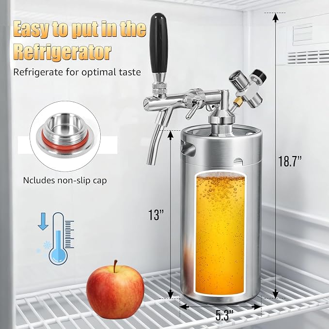 128oz Mini Keg Growler with Adjustable Faucet, Stainless Steel Beer Growler Tap System Upgrade Draft Beer Dispenser System with CO2 Regulator Keep Fresh and Carbonation for Homebrew, Craft