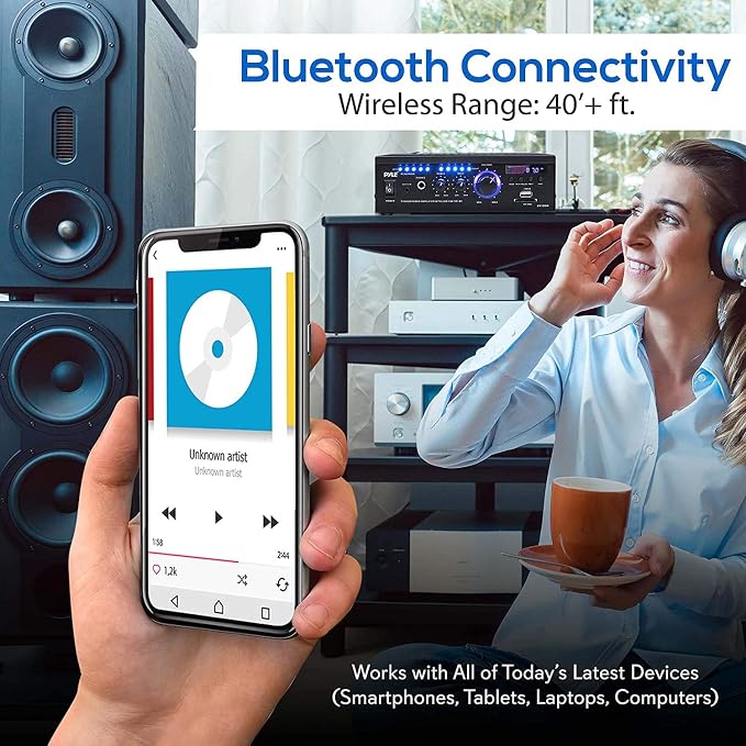 Pyle Home Power Amplifier with Bluetooth Wireless - 2 x 120 Watt Stereo Receiver w/ Blue LED Level Meter, FM Radio, USB-A Input w/ MP3 Player, SD Card In, Aux, RCA, Headphone Jack - PCAU46BA