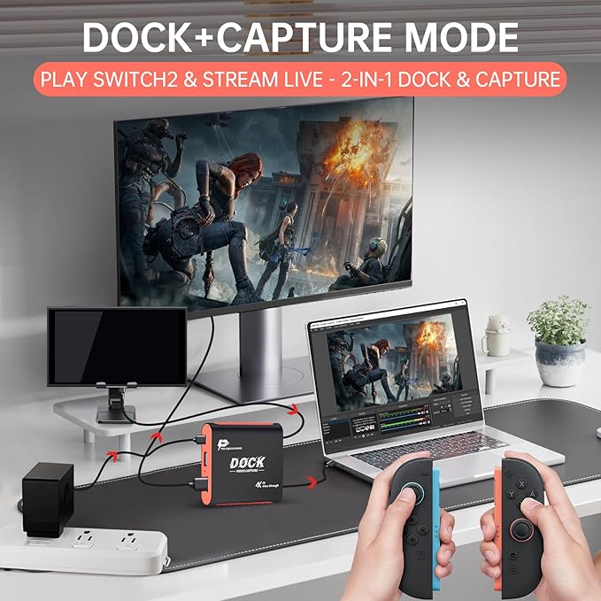 2-in-1 Switch 2 Dock with Capture Card for Nintendo Switch 2, Switch 1, OLED, Steam Deck, 1080P 60Hz for Streaming and Recording, Portable Travel Dock, 4K 30Hz HDMI Pass-Through, 100W PD Charging