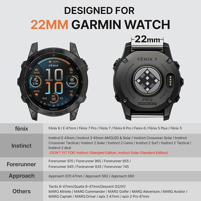 Bandletic Magnetic Bands Compatible with Garmin Forerunner 955 Watch Band, 22mm Quick Fit Strap for Fenix E/8 47mm/7/6/5/Forerunner 970/965/Epix 2/Approach S70 47mm/Tactix & Quatix 8-47mm/Descent G2