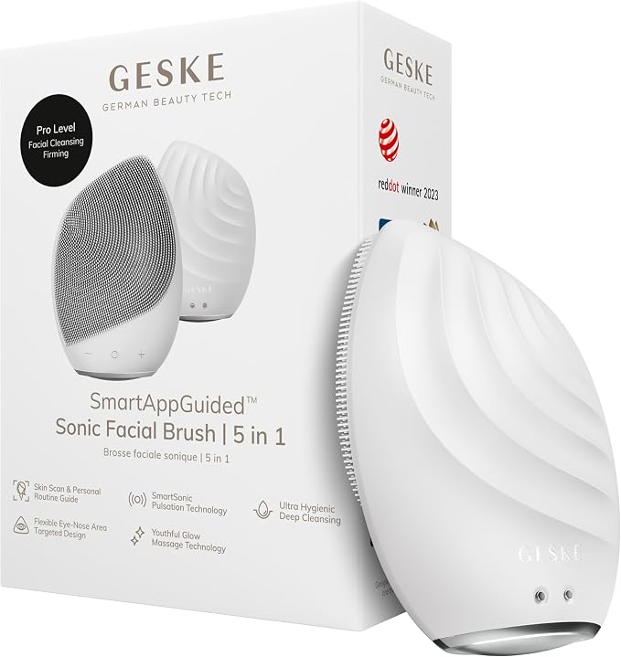 GESKE SmartAppGuided™ Sonic Facial Brush 5 in 1 | Vibrating Electric Facial Cleansing Brush | Soft Silicone Brush | Professional Facial Cleanser | Skin Cleanser & Exfoliator | Face Massager