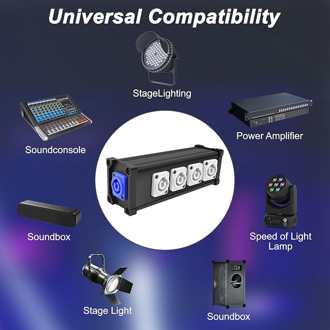 XMSJSIY PowerCon Input to Powercon Output Splitter 1 to 4 Power Distribution Box 4 Channel Multi 1 in 4 Way Out PowerCon Center for LED Screen Beam Moving Head Light, Stage Light Power and More