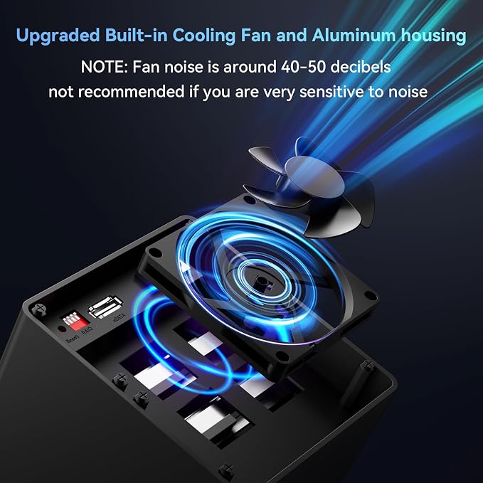 CENMATE Aluminum 4 Bay Hard Drive RAID Enclosure with Cooling Fan for 2.5/3.5" SATA HDD/SSD with USB A/C 3.0＋eSATA Cable, 3.5 Hard Drive Reader Supports 80TB Capacity, 8 RAID Modes, DAS(NO NAS)