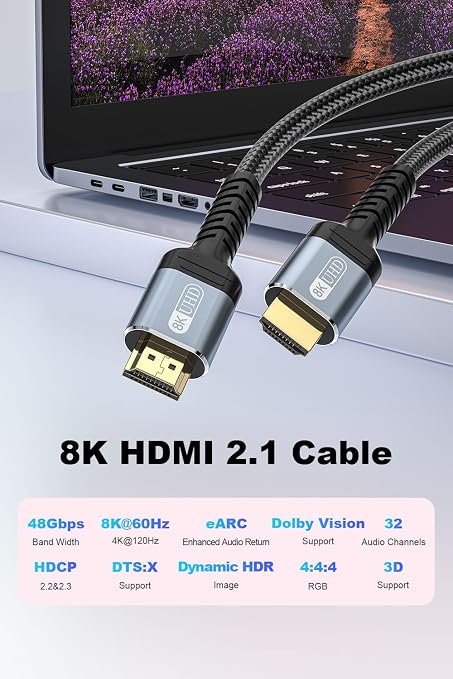 10K 8K 4K HDMI 2.1 Cable 6ft, 48Gbps Ultra High Speed HDMI Cable Braided Cord-8K@60Hz 4K@120Hz, Dynamic HDR, eARC, HDCP 2.2&2.3, 3D, for TV/Laptop/Monitor/PS5/Xbox/Projector/Entertainment/Sound System