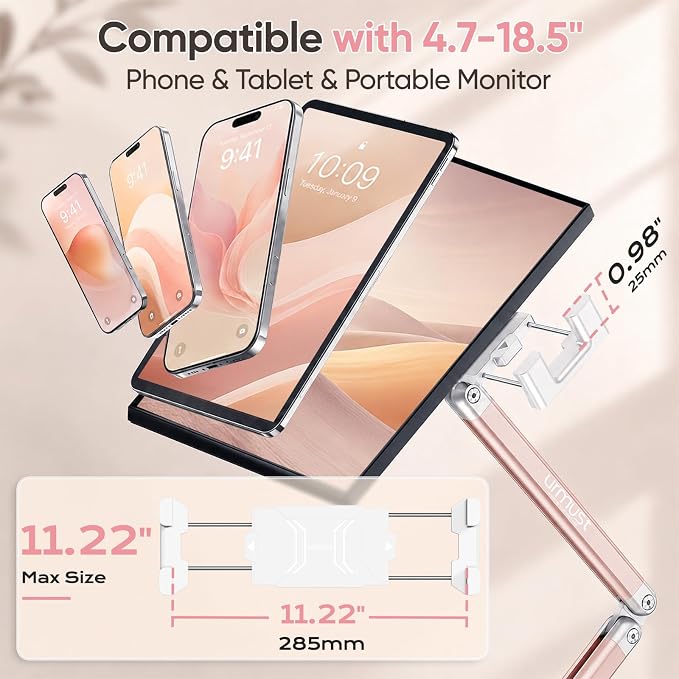 Urmust Portable Monitor Stand 15.6", iPad Stand for Desk, Portable Monitor Holder up to 18.5", Adjustable Desktop Tablet Arm Mount, iPad Holder for Desk, for 4.7"-12.9" i Pad Pro/Air/Mini Pink