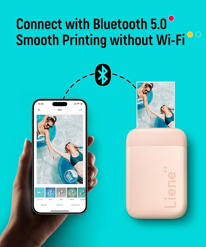 Liene Pearl K100 Photo Printer, 2x3 Mini Instant Portable Color Mono Picture Printer 50 Zink Adhesive Paper, Bluetooth 5.2, Compatible w/iOS & Android, Small Photo Maker for iPhone, Smartphones, Pink