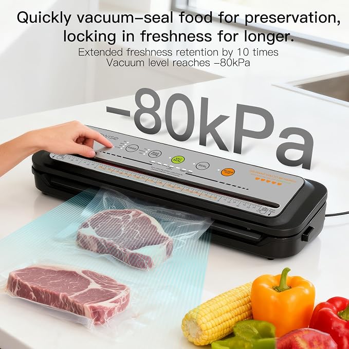 MEGAWISE Food Sealer w/Premium Kit with Accessory Hose for Wide and Regular Mouth Sealer, Dry & Moist Food Modes, Compact Design with 10 Vacuum Bags & 20 Mason Tin Lids. (Premium)