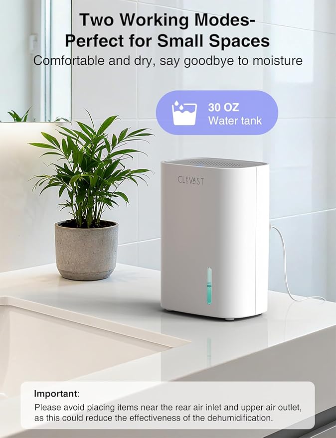 CLEVAST Small Dehumidifier for Home, Mini Quiet Fast Moisture Removal | 30oz Water Tank, Auto Shut-Off, Sleep Mode, Portable, Compact, Suitable for Bathroom, Bedroom, Closet, Camper, Cabinet