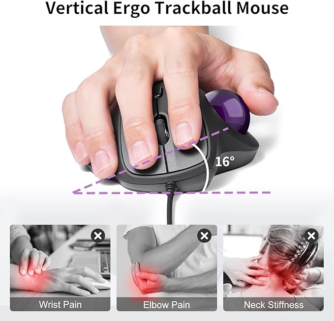 SANWA Wired Trackball Mouse, Silent & Programmable Buttons, Ergonomic Roller Ball to Reduce Wrist Strain, Thumb Control, USB-C & USB-A Port, 600-1600 DPI, Compatible with Win, Mac, PC, Laptop, Purple