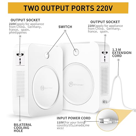 SUNSHUN 500W 110v to 220v Converter Step Up Voltage Transformer 110v/120V to 220V/240V with 2 Output Sockets for Europe Asia Appliances Used in US 500 Watts White