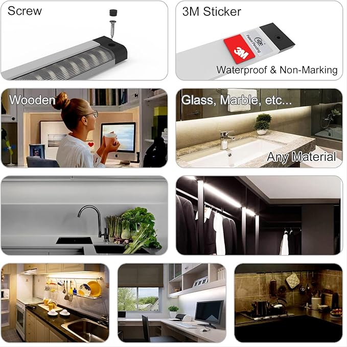 EBD Under Cabinet Lights Plug in 6 Pcs 12 Inch, Dimmable No Messy Wires Built-in Adjustable Cable Counter Lighting, 3000K 2700LM, 1 Pcs Extension Cables for Kitchen Home Office, Memory for Smart Plug.