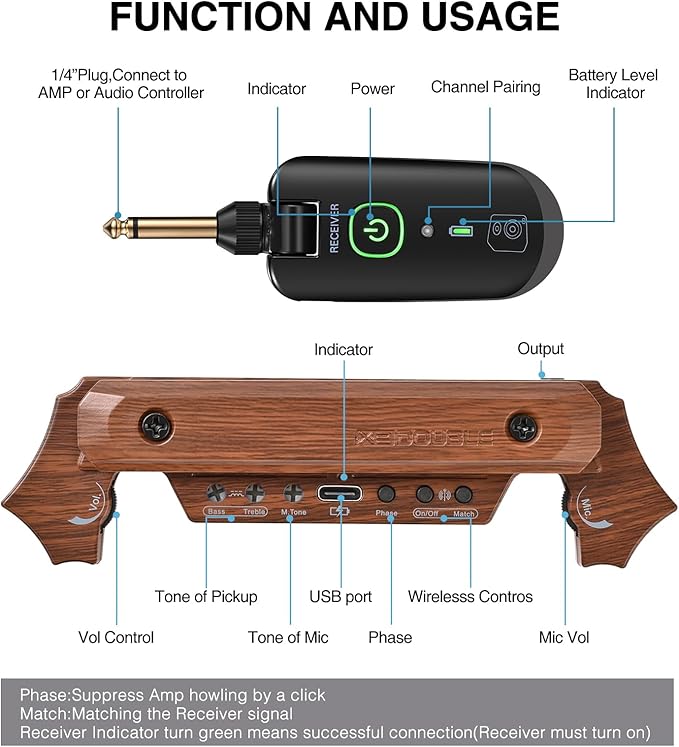 Wireless Acoustic Guitar Pickup Rechargable Magnetic And Microphone Soundhole Pickup For Acoustic Guitar Build-In Volume Control(Wood Grain)