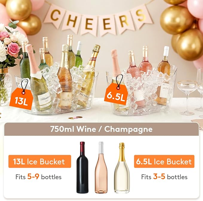 Lifewit 13L Ice Bucket for Parties, Large Beverage Tub with Scoop, Drink Cooler for Dirty Soda Bar, Portable Champagne/Wine/Beer/Juice Table Chiller for Outdoor Bar & Mimosa Bar Supplies