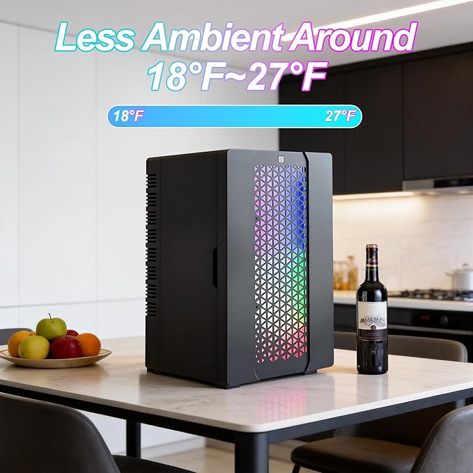 Mini Fridge, iceBlue 24 Display Modes Adjustable LED Light Gaming Mini Fridge, 10 Liter /4 Bottles Wine Fridge, Wine Cooler, Skincare Fridge with Remote Control for Bedroom, Office, Dorm, Gift - Black