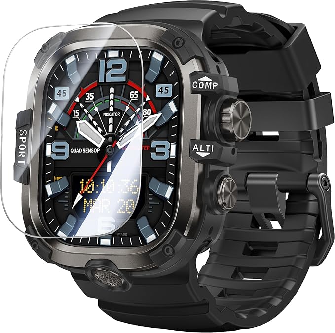 Goton Rugged Case and Band Kit with Screen Protector for Apple Watch 49mm, Compatible with Apple Watch Ultra 3/2/1, Full Body Shockproof Metal+PC Bumper Cover with Soft Band, 49mm Black