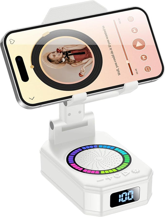 Gifts for Men Women, Cell Phone Stand with Wireless Bluetooth Speaker and Colorful LED Lights, Anti-Slip Base HD Surround Sound, Rechargeable (3000mAh), Home and Outdoors Bluetooth Speaker White