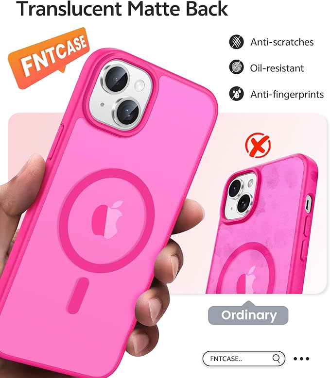 FNTCASE for iPhone 15 Plus Case: for iPhone 14 Plus Case [Compatible with Magsafe] Translucent Matte Cases with [Screen Protector] Military Grade Shockproof Protective Phone Cover - Hot Pink