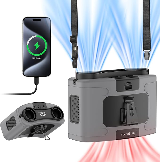 Socool 20000mAh Portable Waist Fan Clip on Wearable Belt Personal Fans Rechargeable Battery Operated, 40H Cooling Fan with 10 Speeds & Dual Motors, Neck Fans Hanging Hands-Free for Outdoor Travel