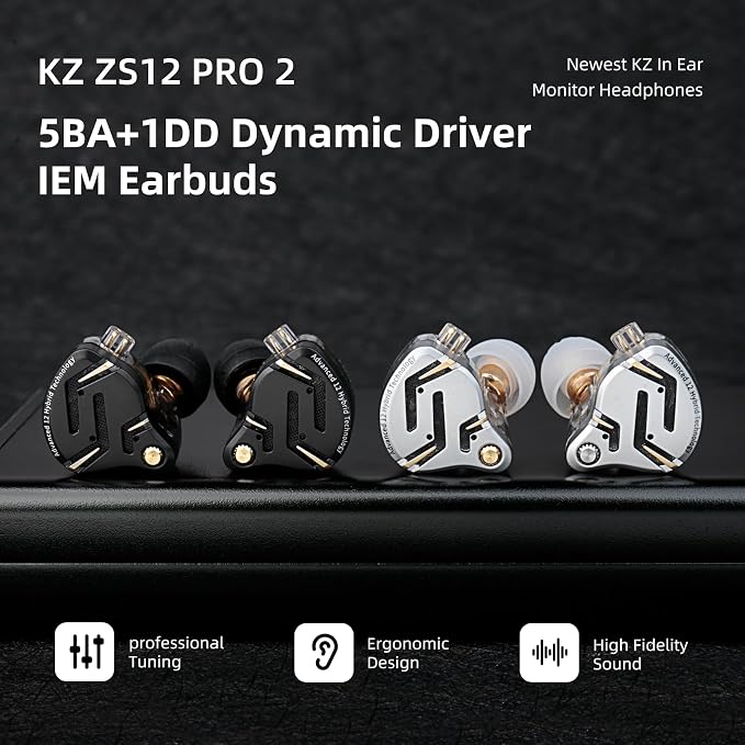 KZ ZS12 PRO 2 USB C Wired Earbuds, Type-C In Ear Monitor,1DD+5BA Hybrid Wired Earbud,Gaming Earbuds,HiFi Deep Dass IEM for Gaming,KZ Earbuds with 2PIN Cable for Audiophile(with Microphone, Black-Type)