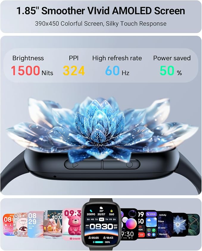 Gydom Smart Watch for Men/Women, 1.85" AMOLED Screen Fitness Watch for iPhone/Android, Activity Tracker with Heart Rate/Sleep/SpO2, Answer/Make Call, 3ATM Waterproof, 120+ Sport Modes, AI Voice, Black