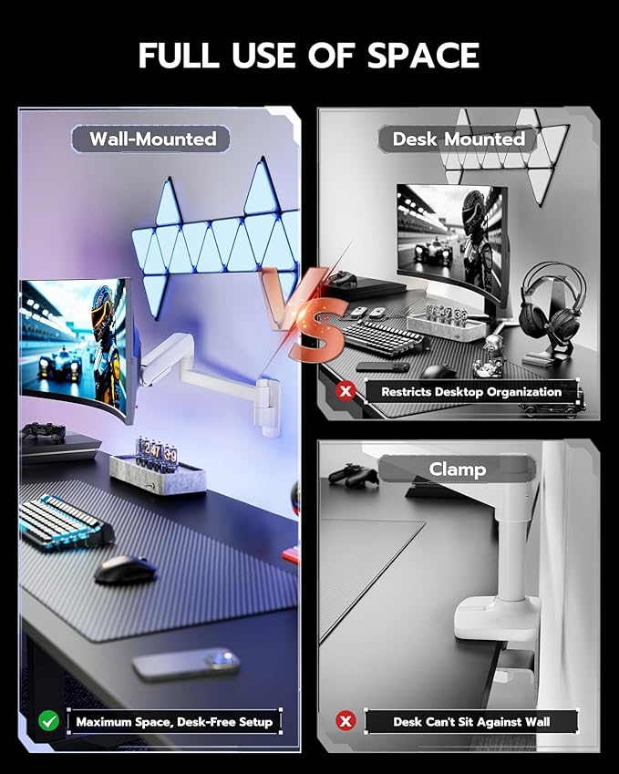 ARES WING Monitor Wall Mount for 24-57 Inch Ultrawide Gaming Screens, Premium Heavy Duty Monitor Arm Holds 60 lbs, Full Motion Gas Spring, Bearing Head for Easy Adjustment, 75/100 VESA Mount, White