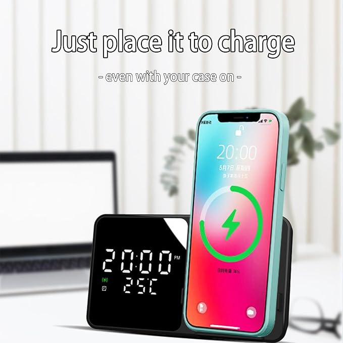 Multi-Function Wireless Charging Station with Digital Clock & Thermometer, 15W Fast Qi-Certified Charger, Alarm Clock, Fixed Stand Compatible with All Qi-Enabled Phones-W5 White