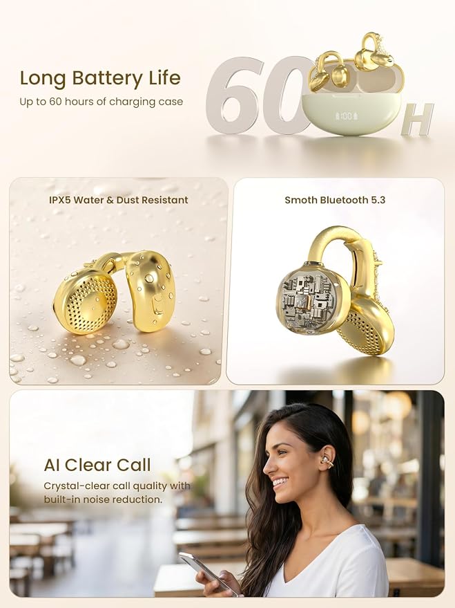 JewelPods C3 Wireless Bluetooth Earbuds, Jeweled Open-Ear Headphones, Gold | Ultra-Light Memory Wire Clip-On Earrings for All-Day Comfort, 60H Playtime, Sweat & Water Resistant, Premium Sound