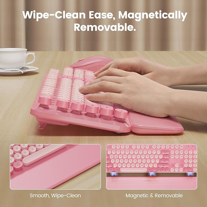 Wireless Keyboard and Mouse Combo with Magnetic Wrist Rest, Round Keycaps, Full-Size Retro Typewriter-Style, Two-Stage Tilt Legs, Auto-Sleep, 2.4G Wireless for Windows Mac Laptop PC, Soft Blush Pink