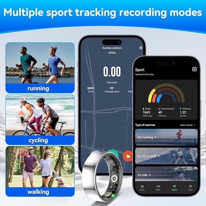 Smart Fitness and Activity Ring for Men and Women - Track Heart Rate Stress Sleep Steps and Blood Oxygen, 10ATM Waterproof Fitness Tracker for iPhone and Android, No Subscription Fee, Size 7