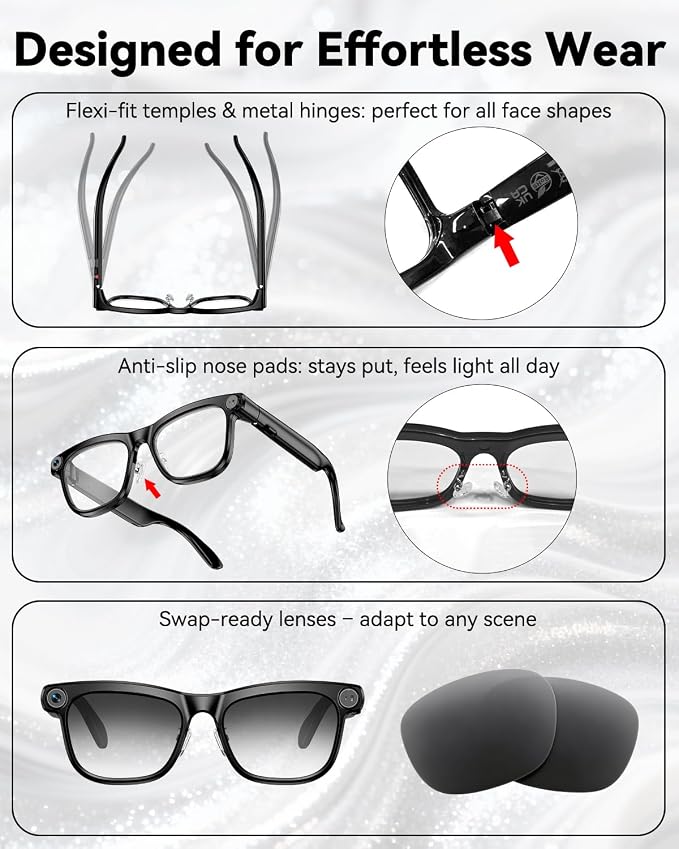 Smart Glasses with Camera, 4K HD Anti-Shake, Real Time Translation, AI Voice Assistant, Object Recognition, Smart Glasses for Women, for Travel/Meetings/Vlog（ Photochromic + Sunglass Lenses）