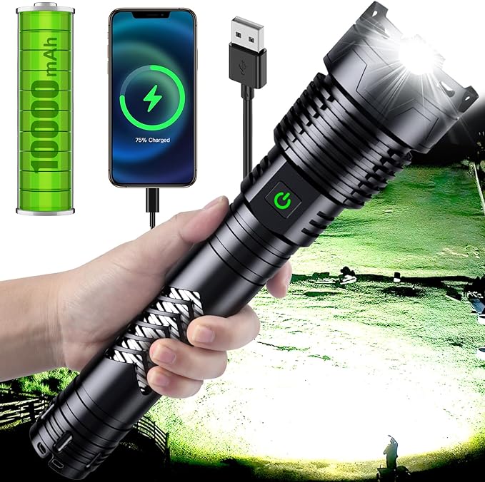 Weoxi Rechargeable Flashlights High Lumens, 100000 Lumens Super Bright Flashlights with Long Handle, 5 Modes & Zoomable, Waterproof Powerful Handheld Flashlight for Camping Emergency