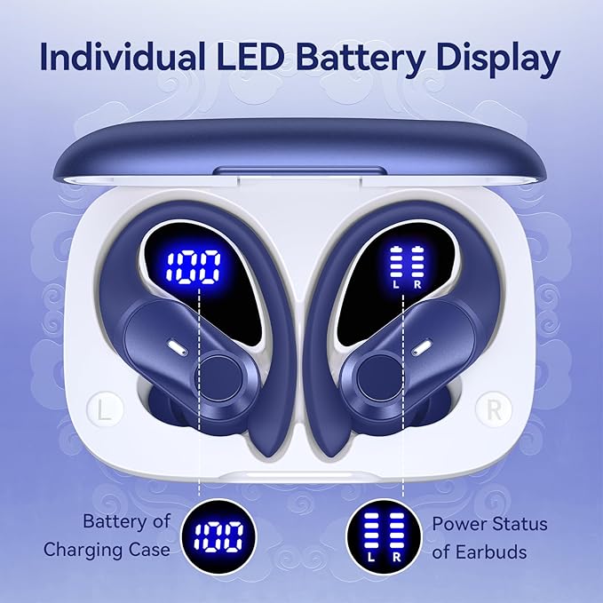 Active Noise Cancelling Wireless Earbuds Bluetooth Headphones 80H Playtime Ear Buds with Power Display Case Hi-Res Sound & Clear Calls Over Ear Hooks Earphones for Sports Running Gym Workout Blue