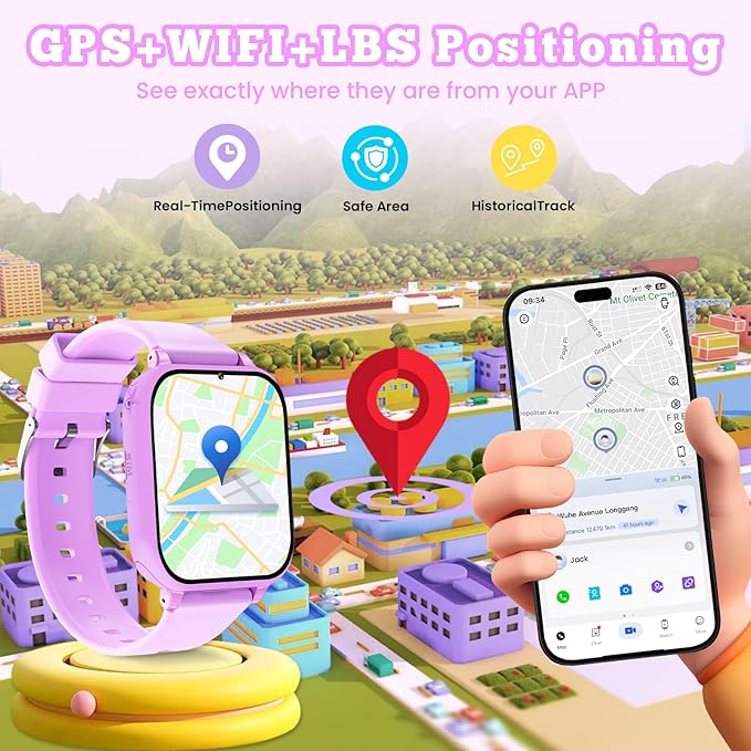 4G Kids Smart Watch GPS Tracker, Smartwatch for Kid with Video Calling, Voice Chat, Class Mode, SOS , Pedometer, Alarm, SIM Card HD Touch Screen Phone Watch Gift for 4-12 Girls Boys (Light Purple)