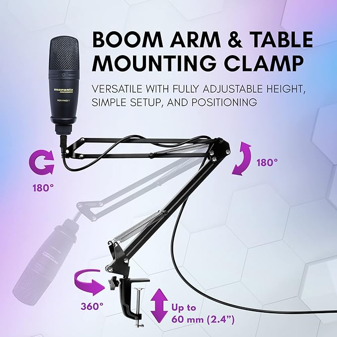 Marantz Professional Pod Pack 1 USB Condenser Microphone Kit for Gaming, Streaming and Podcasting with Built-In Audio Interface, Adjustable Boom Arm and Desk Clamp, Plug-and-Play