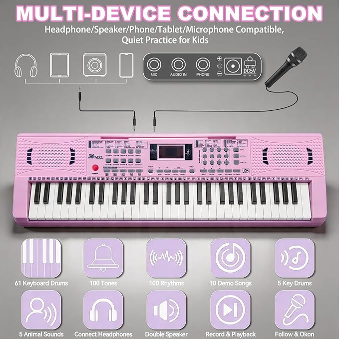 61 Key Electronic Keyboard, Kids Portable Music Keyboard with 100 Tones & Rhythms, Recording & Programming, Gift for Children Early Education Beginners, Pink