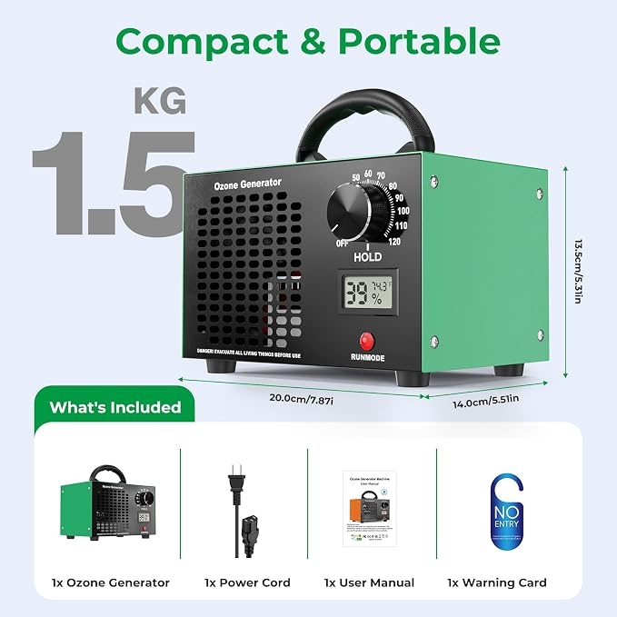 Ozone Generator 160,000mg/H with Temp/Humidity Display - 120 Min Timer O3 Ionizer Air Purifier for Large Spaces (5000 Sq.Ft) - Upgraded Ozone Machine for Cars, Homes, Hotels, Kitchens & Pet Areas