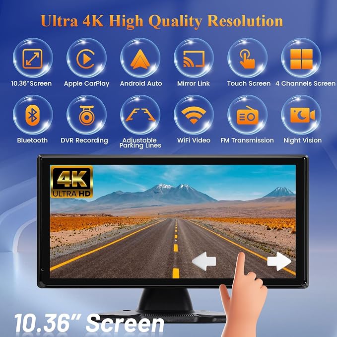 Inefala 4K RV Backup Camera System Wireless CarPlay Android Auto, 10.36" Quad Split Touch Screen Monitor with 4 AHD Rear View Camera, IP68, Night Vision, DVR Loop Recording