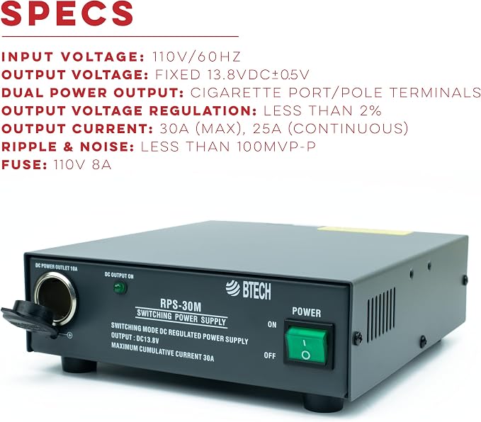 BTECH RPS-30M 30 Amp Compact Regulated Bench Power Supply - 13.8V AC-to-DC Converter with Screw Terminals & Cigarette Plug Output