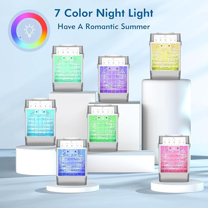 Portable Air Conditioner, Personal Evaporative Air Cooler with Dual Tank, 2 Mist Modes, 3 Wind Speed, USB Powered Desk Cooling Fan with 7-Color Mood Lighting for Office/Bedroom