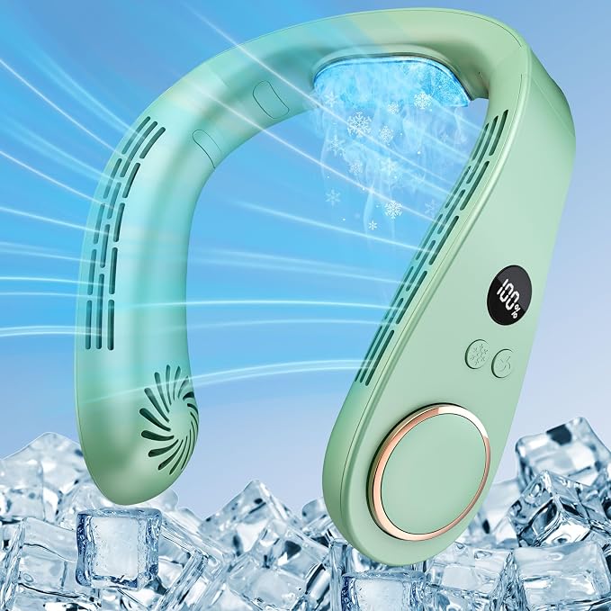 Personal Neck Air Conditioner with Cooling Plates, 5500mAh Long Battery Life, Silent Wearable Cooling Neck Fan, Bladeless lightweight Headphone Fans for Hot Flash Women Adult Outdoors, Light Green