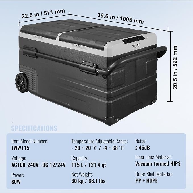 VEVOR Car Refrigerator 115L, Dual Zone Portable Freezer with Wheels & Handle, -4℉ to 68℉, 12/24V DC & 100-240V AC Compressor Cooler for Camping, Outdoor, RV