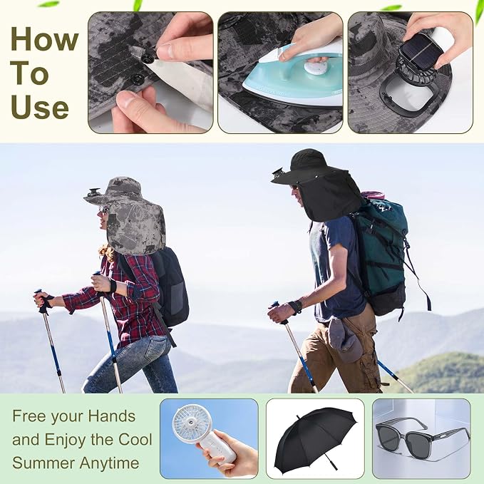 Maiteenly 2 Pcs Solar Fan Hat for Men with Neck Flap Bucket Fan Buit in Hats for Hiking Fishing Outdoor USB and Solar Powered