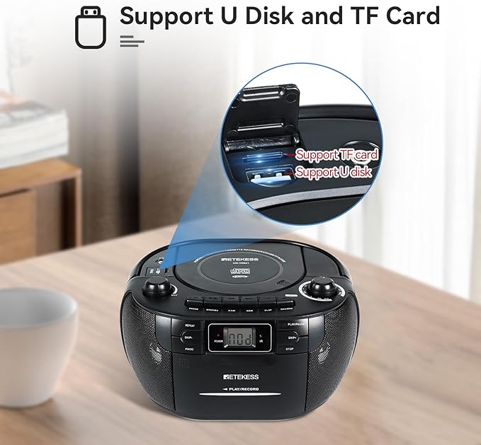 Retekess TR621 CD Player Boombox, Cassette Tape Player AM FM Radio, Stereo Sound, USB and TF Card Playback with Remote Control, Tape Recording, for Home(Black)