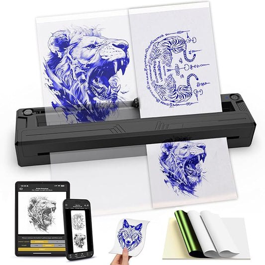 Wireless Tattoo Stencil Printer, Portable Bluetooth Thermal Tattoo Printer with App Custom-Size≤ A4, Print Realistic Portraits, 10 Transfer Papers, Works for Phone/Tablet/PC (Black)