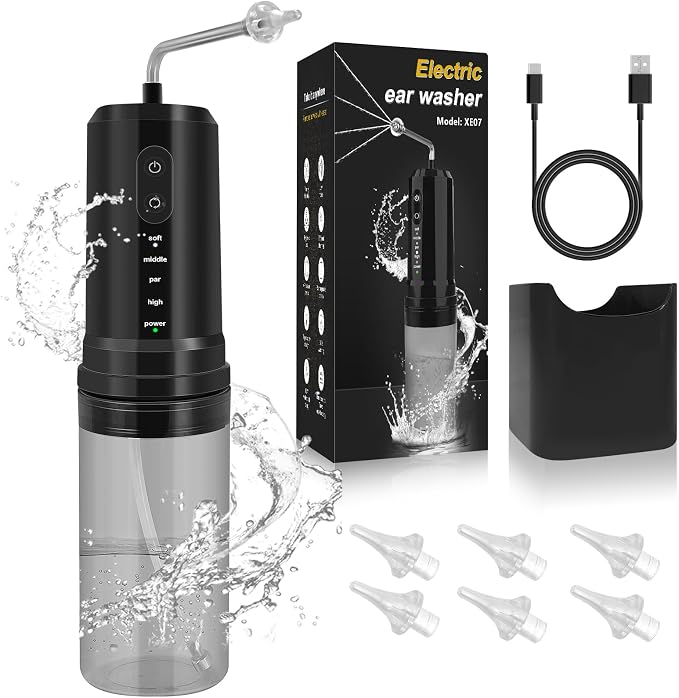 Ear Wax Removal, Electric Ear Irrigation Flushing System, Water Powered Ear Cleaner with 4 Pressure Modes, 6 Reusable Replacement Tips, Safe and Effective Ear Cleaning Tool for Adults (Black)