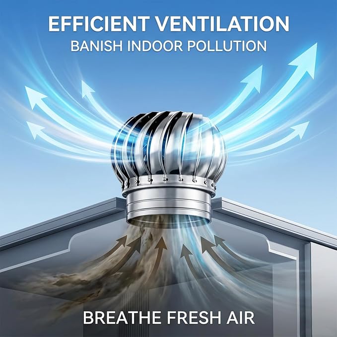 Stainless Steel Turbine Roof Ventilator, 304 Grade Metal Wind Turbine Cap, 7.9 Inch Attic Exhaust Vent, Rainproof Silent Operation